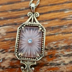 Avon Pendant Necklace As Is Pink Translucent Center Gold Spiral Chain